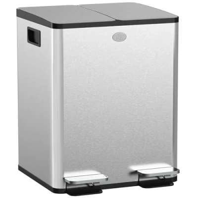 Image of HOMCOM Dual Kitchen Bin, 2 x 20L Pedal Stainless Steel Double Rubbish Bin with Soft Close Lid, Removable Inner Buckets, Fingerprint Proof for Recycling and Waste, Silver