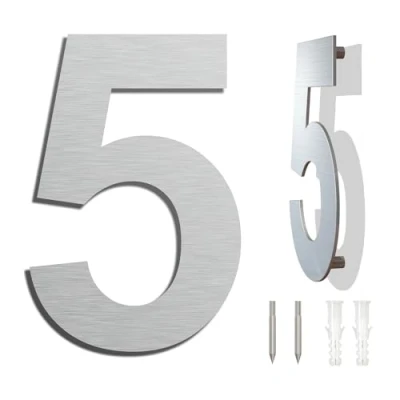 Image of Brushed Modern House Number 6 Inch 152mm Height, Made of solid 304 Stainless Steel, Floating Appearance and Easy to install (Number 5 Five)