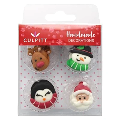 Image of Culpitt Christmas Favourites Sugar Decorations, Edible Royal Icing Multi Coloured Festive Cake and Cupcake Toppers, Santa, Rudolph, Snowman, Penguin, Pack of 12