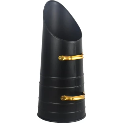 Image of Black Tall Metal Fireplace Coal Scuttle Bucket Hod with Gold Colour Handles 21&quot;