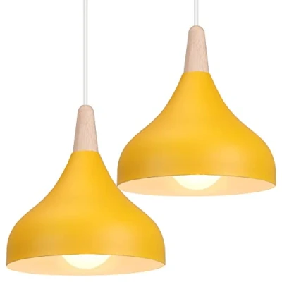 Image of iDEGU Set of 2 Retro Pendant Ceiling Lights Modern Drop Style Hat Lampshade E27 Light Fixture in Metal Wood Lamp for Bedroom, Dining Room, Kitchen, Φ 20 cm (Yellow)