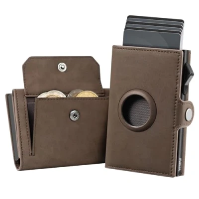 Image of YESIIW Mens Wallets Airtag Wallet for Apple air Tag, RFID Card Holder tag Leather Slim Men UK, Pop Up Smart with Coin Pocket and Money Clip, Brown
