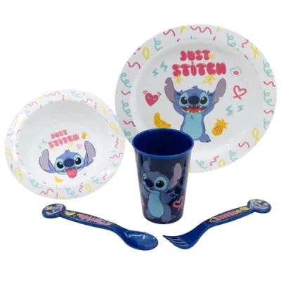 Image of Stitch Reusable Microwavable Children&#039;s Tableware Set with Cup, Plate, Bowl and Cutlery, Multicoloured