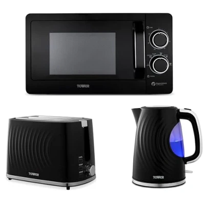 Image of Tower Sonar 1.7L 3KW Kettle, 2 Slice Toaster &amp; T240242BLK 800W 20L Microwave in Black. Stylish Set