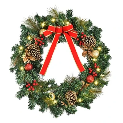 Image of HOMCOM 60cm Pre Lit Artificial Christmas Door Wreath Holly LED Decor Pine Cones Hanging Glittered Festival Indoor Outdoor Decoration