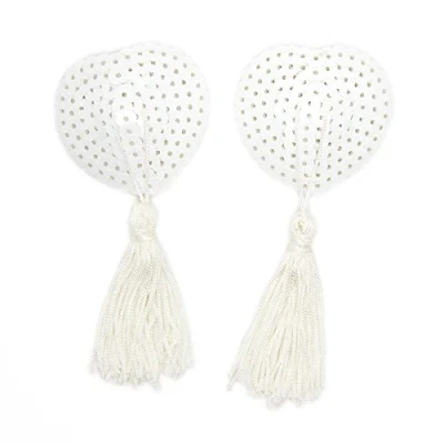 Image of Drqinyi HOT DREAM Nipple Covers Invisible Breast Petals Adhesive Bra for Women Heart Pasties Sequin Reusable with Tassel White