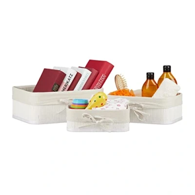 Image of Relaxdays Basket x3, Bathroom Storage Boxes in 3 Sizes, Bamboo &amp; Polyester, Multipurpose, Stackable, White/Creme