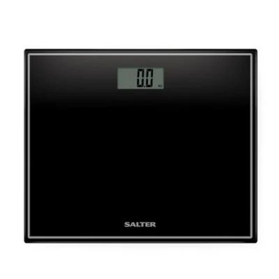 Image of Salter 9207 BK3R Digital Bathroom Scales For Body Weight, Toughened Glass, LCD Display, Instant Step On Technology, Max 150kg, Compact Storage, 15 Year Guarantee, Includes 1 x CR2032 Battery, Black