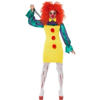 Image of Smiffys Classic Horror Clown Lady Costume, Multi Coloured with Dress, Neck Ruffle &amp; Nose, Halloween Cirque Sinister Fancy Dress Up Costumes