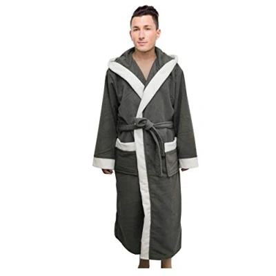 Image of Men’s Hooded Style Designer Dressing Gown Bathrobe, Housecoat Loungewear Super Soft Luxury Microfiber Terry Cotton, Warm, Cosy Fleece Nightwear Robe, Spa Hotel Sleepwear (Grey, S / M)