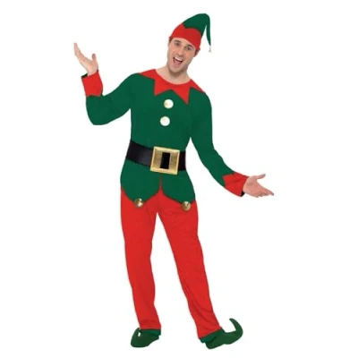 Image of Smiffys Elf Costume, Red &amp; Green with Top, Trousers, Hat Belt, Christmas Adult Fancy Dress, Dress Up Costumes