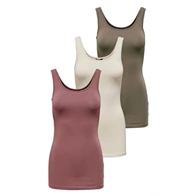 Image of ONLY Women&#039;s Onllive Love Tank TOP 3 Pack, Walnut/Rose Brown/Birch, XL (EU)
