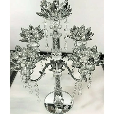 Image of Deenz Crushed Diamond Candle Holder Silver Crystals Filled 5 Flower Tier Romany Sparkle Ornament