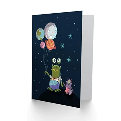 Image of Wee Blue Coo Aliens Space Planet Balloons Greetings Card