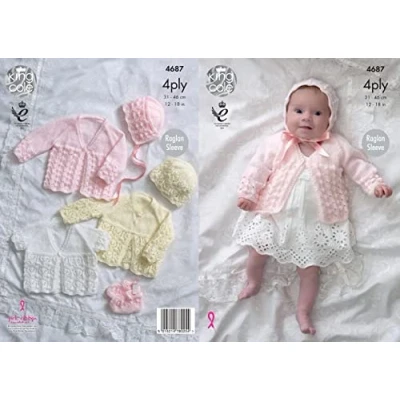 Image of King Cole Baby 4 Ply Knitting Pattern for Raglan Sleeve Matinee Coats Bonnet Hat &amp; Bootees (4687) by