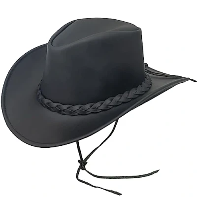 Image of Pamposh Cowboy Hat Women Men Real Leather Western Style Wide Brim Cowgirl Shapeable Lightweight Handcrafted Durable Bush Black