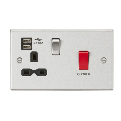 Image of KnightsBridge 45A DP Switch &amp; 13A Switched Socket Dual USB Charger 2.4A Brushed Chrome with black insert