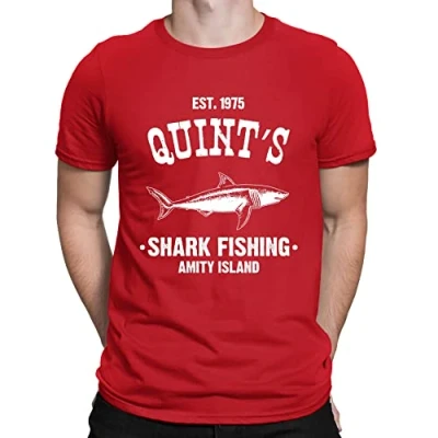 Image of Mens Quints Fishing Shark Jaws Inspired Amity Cult Movie T Shirt Red (XXL)