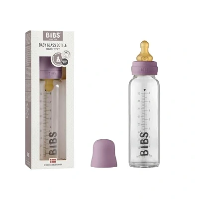 Image of BIBS Baby Glass Bottle. Anti colic. Round Natural Rubber Latex Nipple. Supports Breastfeeding, 225 ml, Mauve