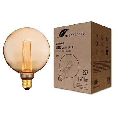 Image of greenandco® Vintage Style Dimmable LED Light Bulb E27 G125 3.5W 120lm 1800K (Very Warm White) 320 230V Amber No Flicker