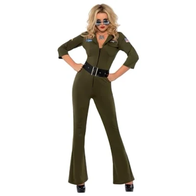 Image of Smiffys Top Gun Aviator Outfit, Adult Green Jumpsuit &amp; Belt, Official License Costume with Iconic Aviation Badges, Adjustable Belt Pocket Detail, Halloween Fancy Dress