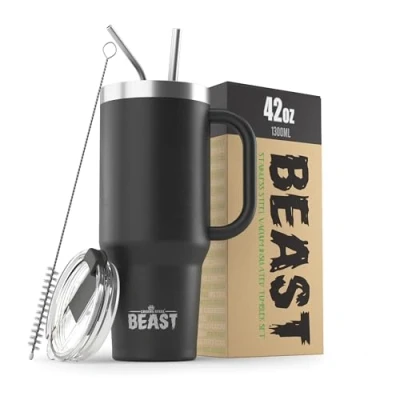 Image of Beast Tumbler 1300 ml (42 oz), Matte Black Reusable Stainless Steel, Vacuum Insulated Cup with + 2 Straws &amp; Cleaning Brush Double Wall Travel Flask Perfect for Hot or Iced Coffee BPA Free