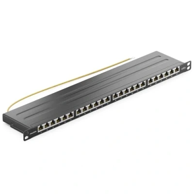 Image of deleyCON Cat 6 24 Port Mini Patch Panel, Black Rack Mount, Metal, Screened TIA568A/B, 0.5U, Compatible with Server, Desktop