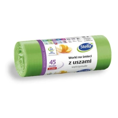 Image of STELLA 032884 Bin Liners with Handles 45 L Colour: Green Pack of 20 for Household Waste Office Made from HDPE Film
