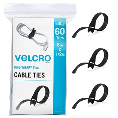 Image of Velcro Brand Heavy Duty Cable Ties Reusable 60Pc Bulk Pack 8 x 1/2&quot; ONE WRAP Straps, Black Strong Wire Management Cord Bundling for Home Office and Data Centers
