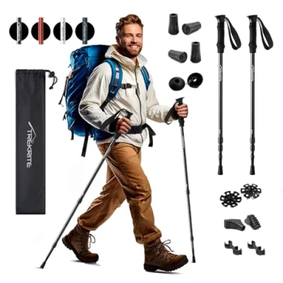 Image of Collapsible Telescopic Walking/Hiking/Trekking Poles/Sticks 3 Section Antishock Unisex with Accessories (2pc / set/pair) Trekrite (Black)