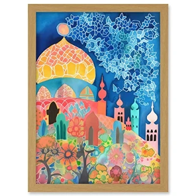 Image of Artery8 Islamic Mosque At Night Folk Art Watercolour Painting Artwork Framed A3 Wall Print