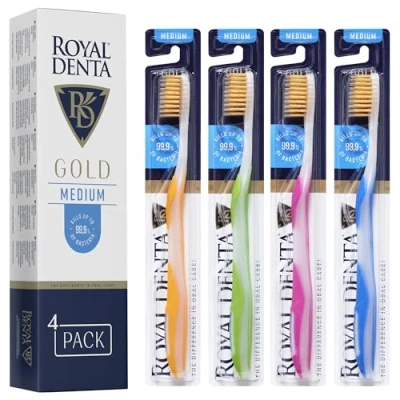 Image of Royal Denta Gold Medium Toothbrushes Pack of 4, Dual Length Bristle Toothbrush for Interdental Teeth Cleaning, Particles Against Bacteria, Tartar Removal, Multi Colour