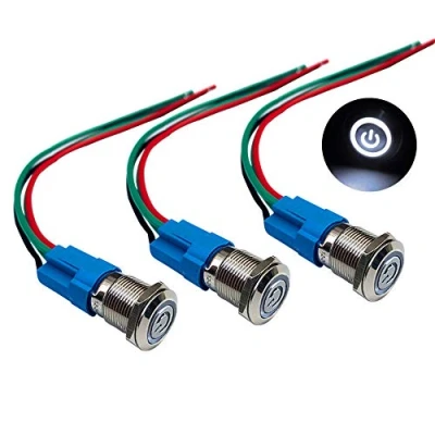 Image of QitinDasen 3Pcs Premium 12V/24V 3A Self Locking Latching Push Button Switch, 12mm Car Ignition Starter White LED Light Stainless Steel IP66 Waterproof Switch with Socket Plug Wire