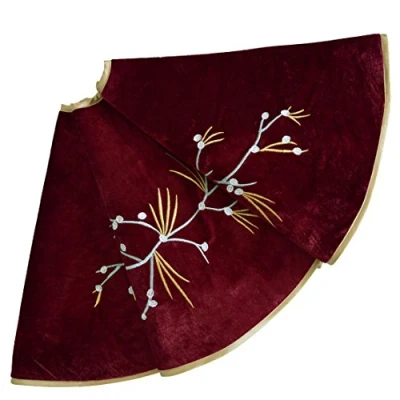 Image of SORRENTO 50inch Burgundy Velvet Christmas tree skirt Berry Embroidery Decoration