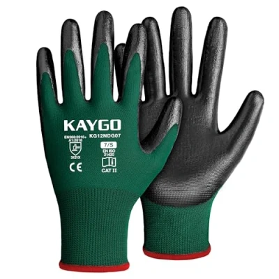Image of KAYGO Safety Work Gloves Nitrile Coated, Good Grip and Dexterity, 12 Pairs General Purpose Working for Men Women, Ideal Construction Warehouse Automotive DIY, KG12N (Dark Green, S)