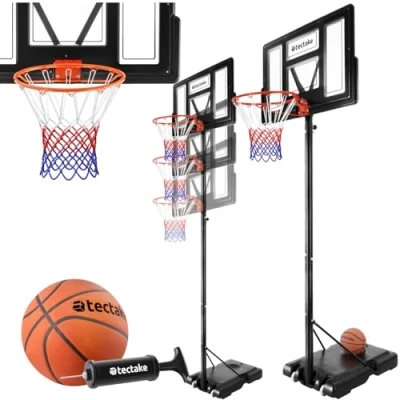 Image of tectake® Weather Resistant Basketball Hoop Set with Wheels, Steel Tube Frame, 9 Level Height Adjustable, Durable Basket &amp; Stable, Fillable Base, Incl. Ball Pump, Quick Assembly