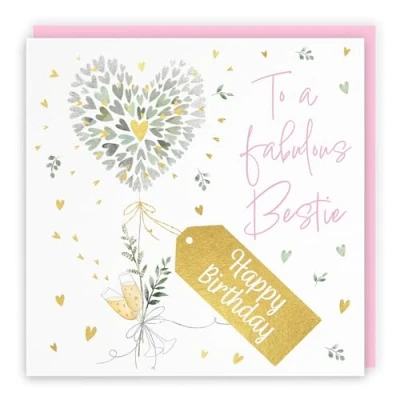 Image of Hunts England Bestie Contemporary Hearts Pretty Birthday Card Luxury Gold Foil Milo&#039;s Gallery Champagne, Female Fabulous For Friend Pink Envelope