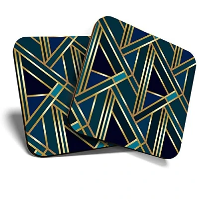 Image of 2 x MDF Glossy Top Coasters Square Green Gold Art Deco Geometric 12546