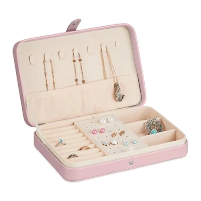 Image of Relaxdays Jewellery Case, Small Box, Storage for Rings &amp; Necklaces, Travelling, HWD: 4.5 x 21 14.5 cm, Pink, Fibreboard, Velvet, Plastic