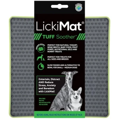 Image of Lickimat Tuff, Heavy Duty Soother, Dog Slow Feeder Lick Mat, Boredom Anxiety Reducer; Perfect for Food, Treats, Yogurt, or Peanut Butter, Fun Alternative to a Feed Bowl, Green
