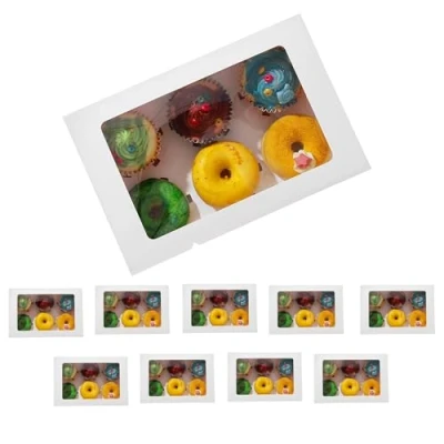 Image of ASAB Cupcake Box Hold 6 Count Containers with Clear Window Food Grade Birthday Patisserie Holder Easy Transport and Presentation Adjustable Insert (10 x Box)