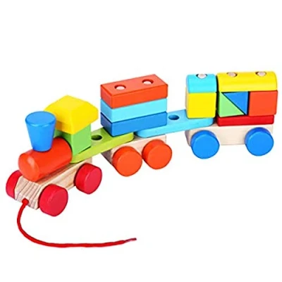 Image of URBN TOYS Assorted Color Wooden Pull along Stacking Block Train Puzzle Toy, Educational Set, Train, Toy for Toddlers