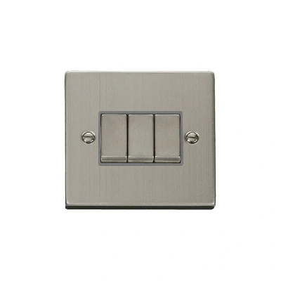 Image of Click Deco 3 Gang 2 Way Ingot 10AX Switch Stainless Steel Grey Inserts