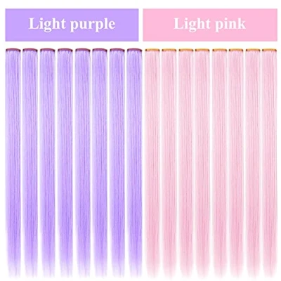 Image of IAMERUI Multi Colors Party Highlights Straight Hair Colorful Clip in Synthetic Extensions Multiple Heat Resistant Long Hairpiece 14 Pieces (Light Pink+Light Purple)