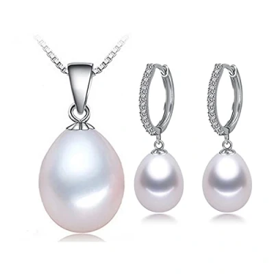 Image of 925 Sterling Silver Jewelry Natural Freshwater Pearl Necklace Sets Pendant Drop Earrings For Women Girls