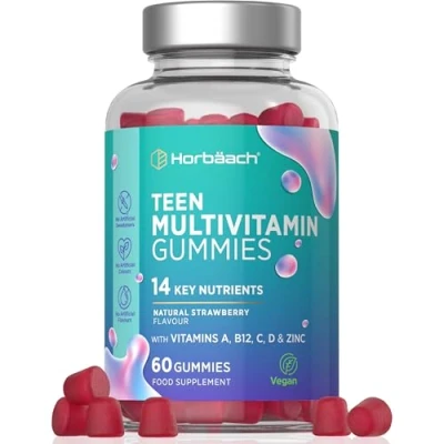 Image of Multivitamins for Teens 60 Vegan Gummies 14 Essential Nutrients with Vitamin A, B12, C, D &amp; Zinc Natural Strawberry Flavour by Horbaach