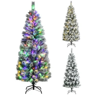 Image of GYMAX 5FT/6FT Pre lit Snow Flocked Christmas Tree, Hinged Artificial Xmas Tree with 140/200 Multi Color LED Lights, Branch Tips and Metal Stand, Full for Home, Office &amp; Store (185cm)