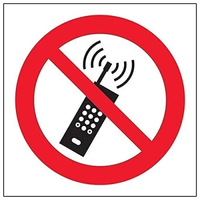 Image of V Safety No Mobile Phones Logo Prohibition Sign 100mm x Self Adhesive Vinyl