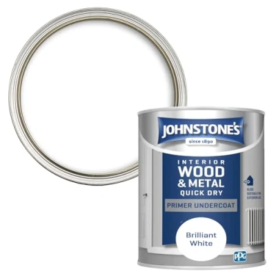 Image of Johnstone&#039;s Quick Dry Gloss Primer Undercoat Brilliant White Water Based Interior Wood &amp; Metal Fast Drying Low Odour in 1 2 Hours 13m2 Coverage per Litre 0.75 L
