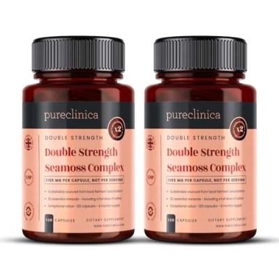 Image of Pureclinica Double Strength Seamoss Complex 1155mg x 240 Capsules (2 Bottles of 120) 8 Months Supply with 500mg Seamoss, Bladderwrack &amp; 150mg Burdock Root